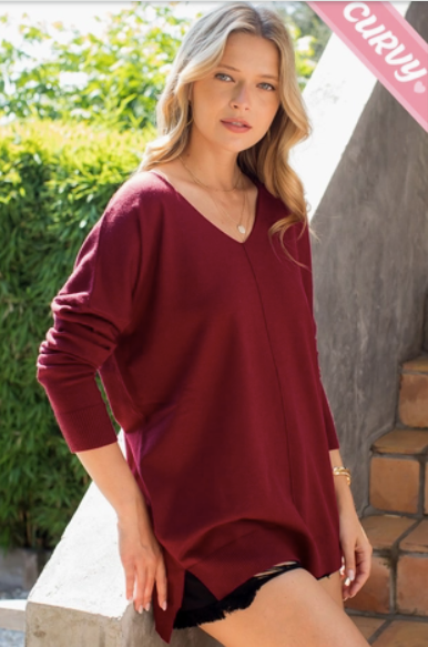 Burgundy - Cozy V Neck Sweater - Plus Size