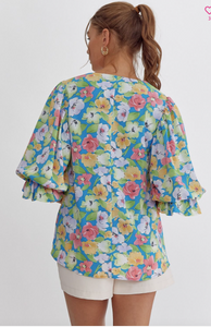 Floral Print V Neck Top - Blue - ONLY 1 LEFT! SIZE M