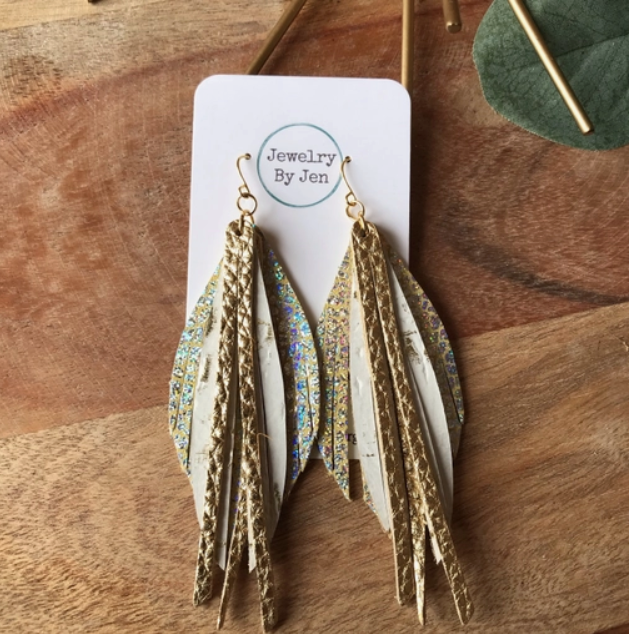 Holographic Crackle, White Wildwood & Gold Fringe Earrings