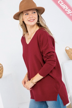 Load image into Gallery viewer, Burgundy - Cozy V Neck Sweater - Plus Size