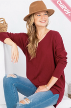 Load image into Gallery viewer, Burgundy - Cozy V Neck Sweater - Plus Size