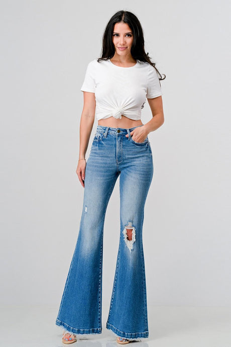 PETITE Distressed Super High Rise 70's Inspired Flare Jeans