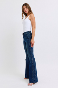 Mid Rise Dark Rhinestone Side Panel Detail Flare Jeans