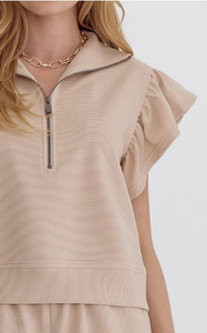 Light Taupe Textured Solid Ruffle Sleeve Top