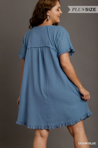 Denim Blue Cotton Gauze Dress - Plus Size