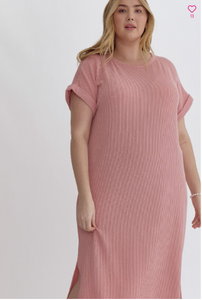 Dusty Pink Ribbed Midi Dress - Regular and Plus Size