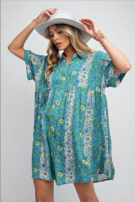 Floral Printed Short Sleeve Button Down Shirt Dress - Plus Size