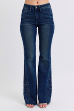 Load image into Gallery viewer, Mid Rise Dark Rhinestone Side Panel Detail Flare Jeans