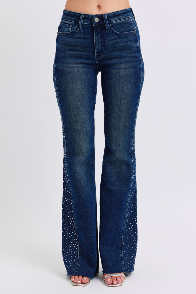 Mid Rise Dark Rhinestone Side Panel Detail Flare Jeans