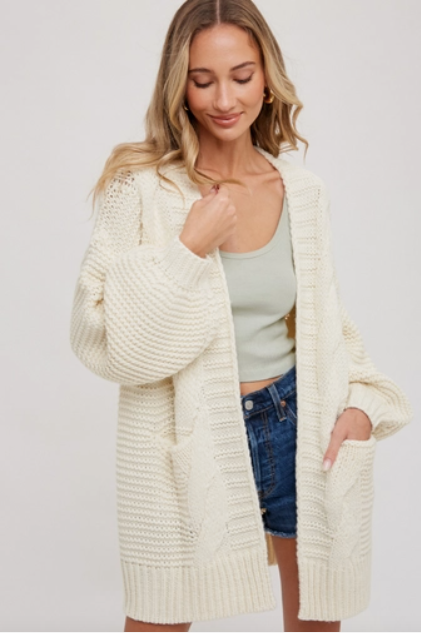 Cream - Chunky Cable Lantern Sleeve Cardigan