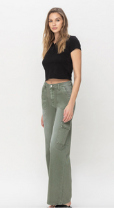 Olivia - High Rise Utility Cargo Wide Leg Jean - Army Green