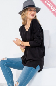 Black - Cozy V Neck Sweater - Plus Size