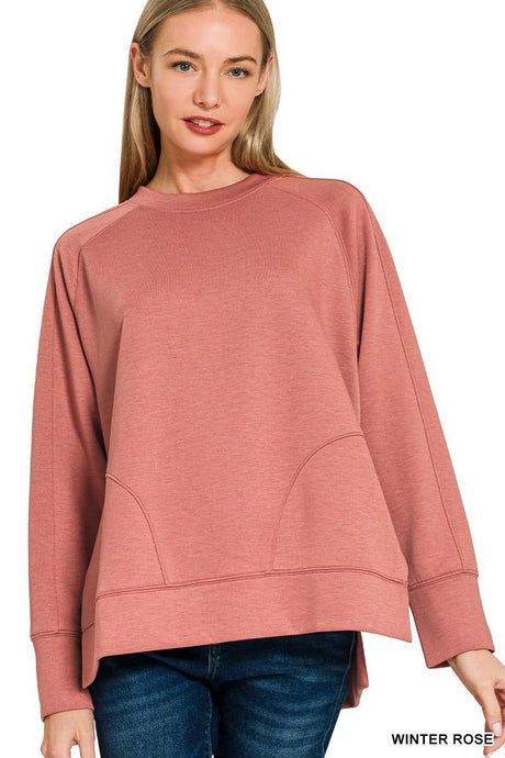 Scuba Round Neck Pullover with Side Slits - Winter Rose