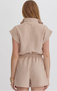 Light Taupe Solid Textured Short Sleeve Romper