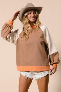 French Terry Color Block Top - Camel/Apricot