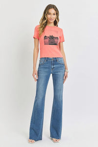 Mid Rise Flare Raw Cut Hem Jeans