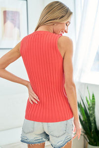 Coral - One Side Button Shoulder Sleeveless Ribbed Top