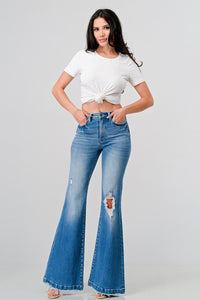 PETITE Distressed Super High Rise 70's Inspired Flare Jeans