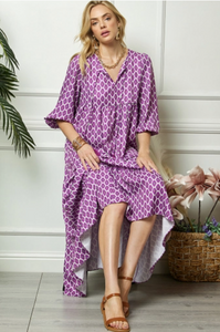 Purple Print Puff Sleeve Maxi Dress