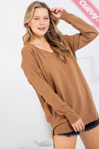 Camel - Cozy V Neck Sweater - Plus Size