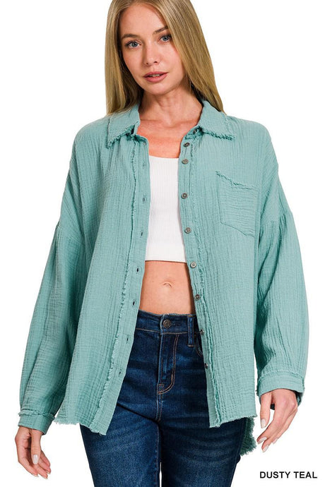 Dusty Teal - Double Gauze Oversized Raw Edge Shirt