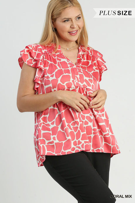 Coral Mix - Two Tone Animal Print Top - Plus Size