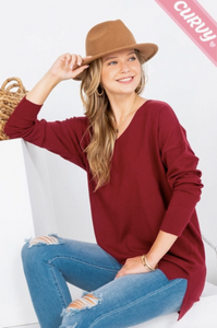 Burgundy - Cozy V Neck Sweater - Plus Size