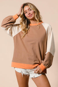 French Terry Color Block Top - Camel/Apricot