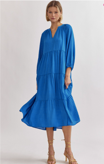 Cobalt Blue Textured V Neck Midi Dress