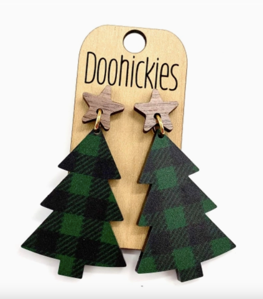 Green Buffalo Plaid - Festive Country Tree Earrings