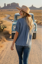 Load image into Gallery viewer, Frayed Trim Denim Button Top