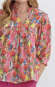 Floral V Neck Puff Sleeve Top - Plus Size