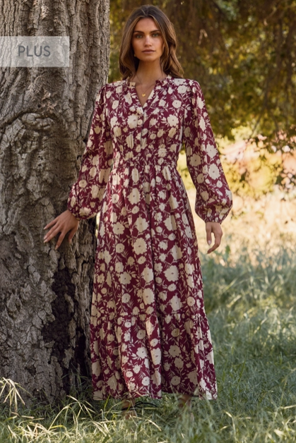 Floral Printed Maxi Dress - Burgundy Multi - Plus Size