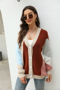 Knit Color Block Button Cardigan - Burgundy