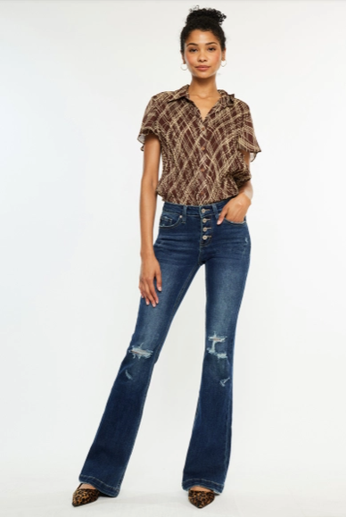 Mid Rise Button Up Distressed Flare Jeans - LONG Length