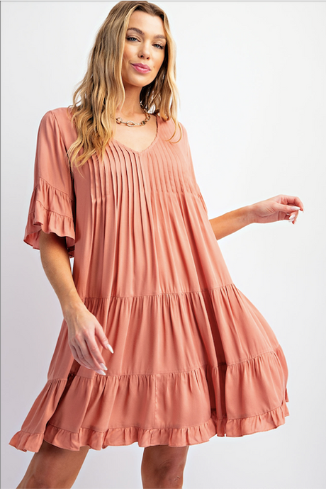 Antique Rose - Double Ruffle Sleeves Soft Linen Dress - Plus Size