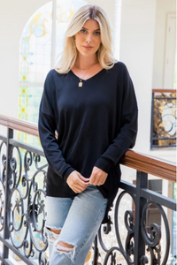 Black - V Neck Knit Top - Regular & Plus Sizes