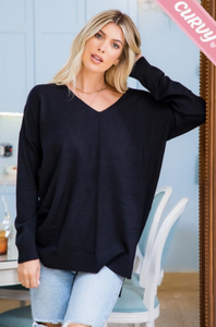 Black - Cozy V Neck Sweater - Plus Size