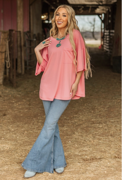 Coral - Ribbed Relaxed Boyfriend Shirt with Pocket Detail