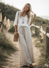 Load image into Gallery viewer, Natural - Linen Blend Tiered Wide Leg Palazzo Pants