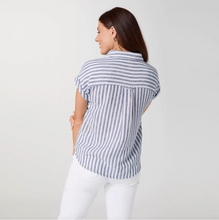 Load image into Gallery viewer, Reagan Cap Sleeve Striped Collared Top - Dusty Blue &amp; White
