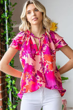 Load image into Gallery viewer, Floral Print Tie Neck Ruffle Tiered Sleeve Blouse