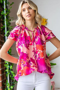 Floral Print Tie Neck Ruffle Tiered Sleeve Blouse