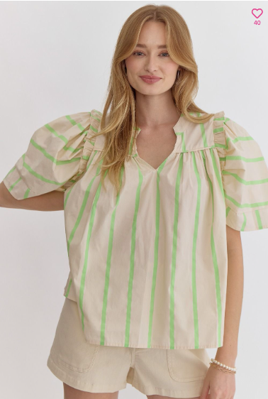 Lime - Striped Short Sleeve V Neck Top