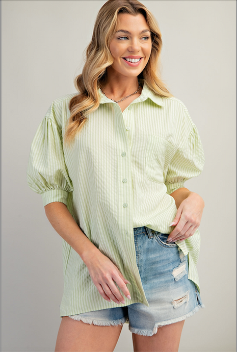 Sage - Short Sleeve Striped Button Up Top - Plus Size