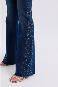 Mid Rise Dark Rhinestone Side Panel Detail Flare Jeans