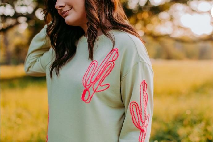 Green - Cactus Rope Embroidered Sweatshirt - Regular & Plus Sizes