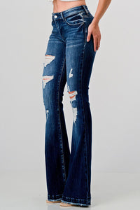 PETITE Distressed Mid Rise Stretch Flare Jeans