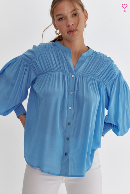 V Neck Button Up Top - French Blue