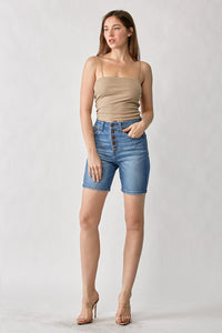 High Rise Button Fly Mid-Thigh Shorts